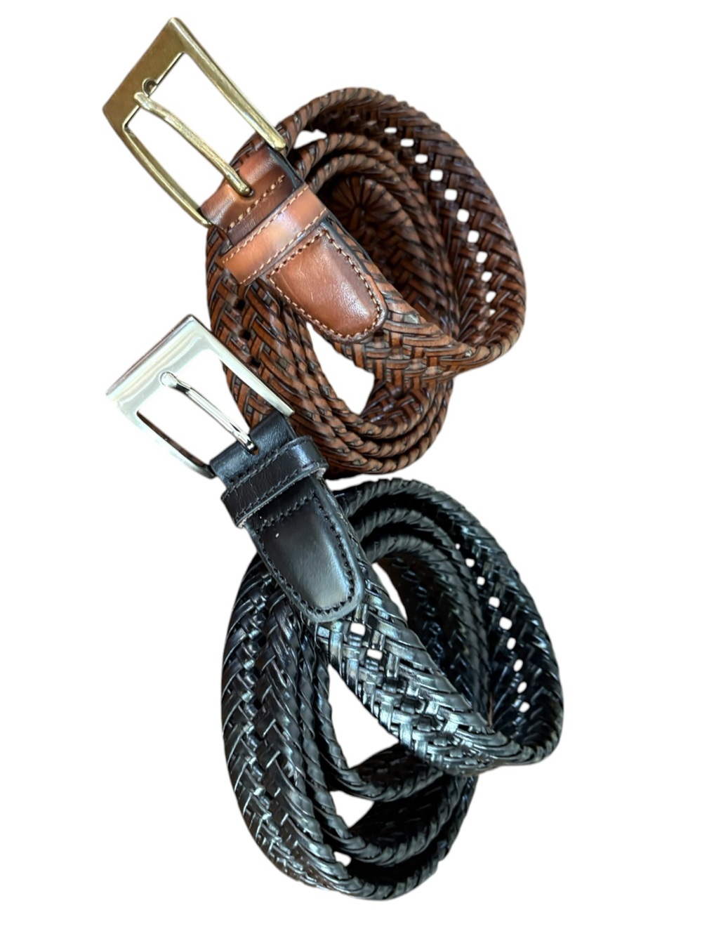 Bundle of 2 Men’s Woven Braided Belts. Black  Brown Brass Silver Hardware Sz 48